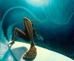 'Right Past the Light', surfer painting of a layback
