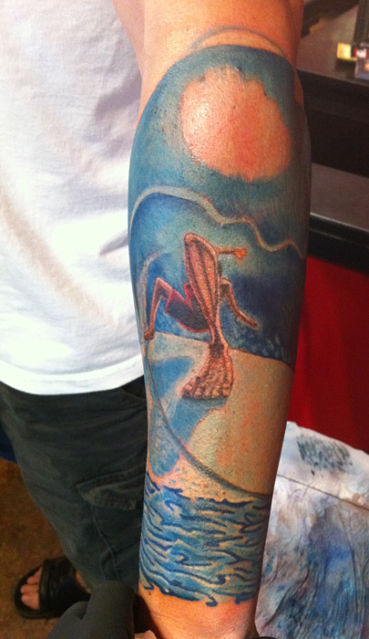 Mickey from Connecticut got this tattoo of Jay Alders's painting "Right Past 