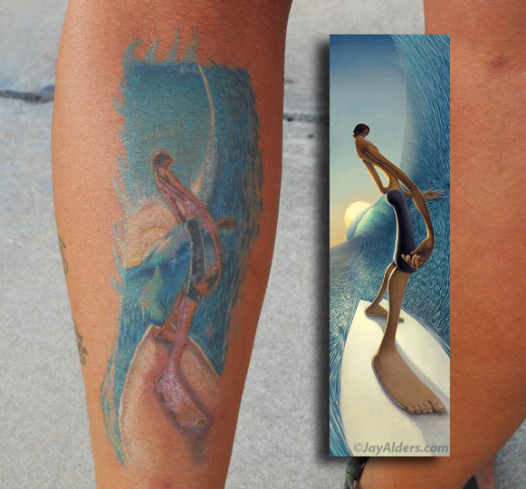 Cheryl from Florida got this surfing art tattoo of Alders's "Left Behind the