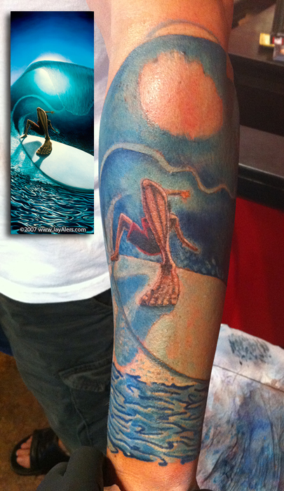 Mickey from Connecticut got this surfing art ink of "Right Past the Light" 