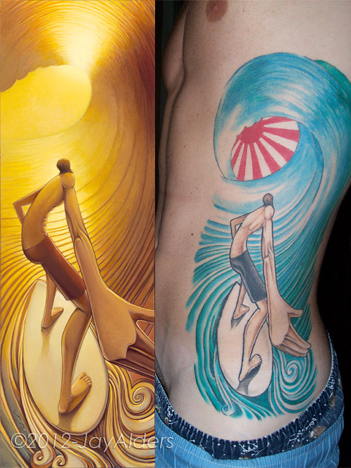 Surfer tattoo- surf art tattoo of Jay Alders painting Pot Of Gold