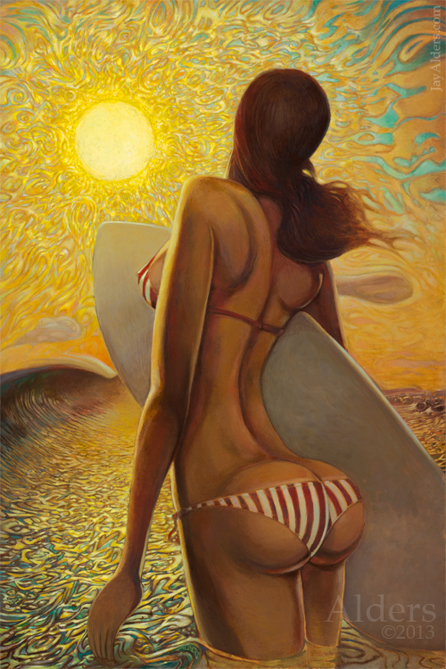 Wading for the sun - surfer girl art by Jay Alders