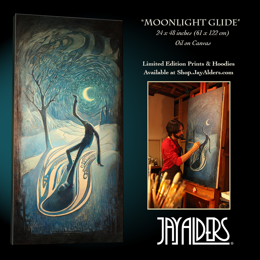 Snowboarding Modern Art Painting "Moonlight Glide" by Jay Alders