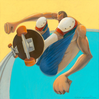 Skateboard art by Jay Alders, inspired by Jay Adams in a pool doing a grind