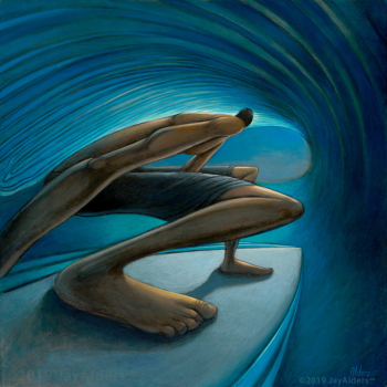 The Down Low - Surfer in a barrel, art by surf inspired artist Jay Alders
