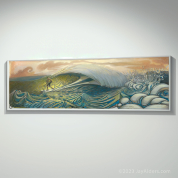 Home Slice - contemporary famous surf art print by Jay Alders. Green color with sunset sky.