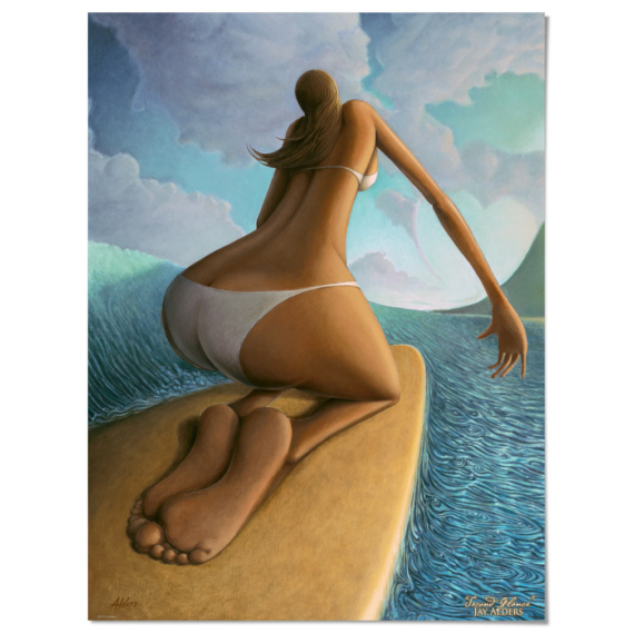 Second Glance - Surfer girl art poster. Contemporary modern style with elongated proportions