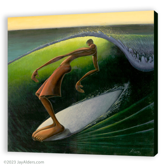 Modern artwork of an elongated surfer that's riding a wave in a hang ten position by Artist Jay Alders