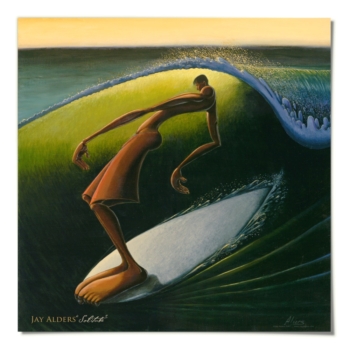 Solitube, an elongated contemporary surfer art poster longboarding on a wave by artist Jay Alders