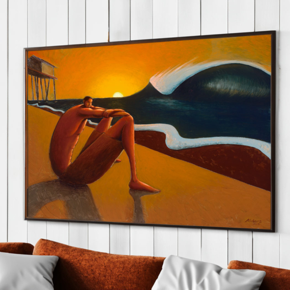 Anxious Contentment - Elongated figure at the beach during sunrise or sunset with massive ocean wave by artist Jay Alders.