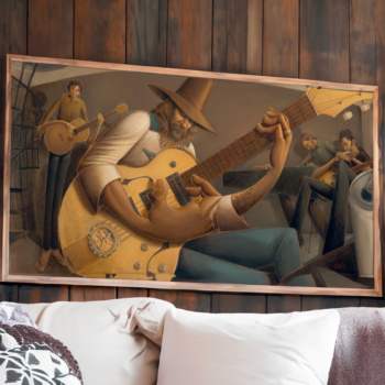 "Rio Jam" - Signed, limited edition art print on canvas or giclée paper of 4 musicians jamming in a sepia, warm brown color palette by artist Jay Alders. Inspired by Donavon, G Love, Matt Costa and Zach Gill of ALO