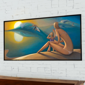 Stages of Reflections - modern surf mom and family with dad surfing art print by Jay Alders