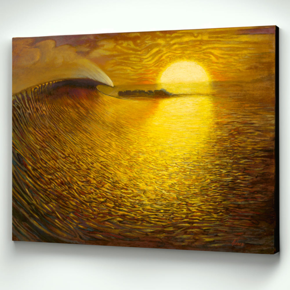 "Art print 'Arrival By The Sea' by Jay Alders, depicting a surreal ocean surf scene in warm earth tones, yellows, and oranges, inspired by live beach painting.