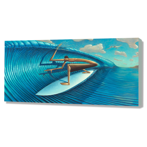 Cut Lip - elongated surfer art with distorted proportions with his hand slicing through the wave's lip in a blue color palette by Jay Alders
