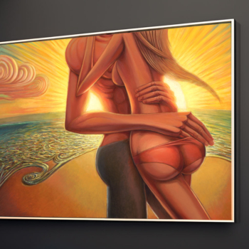 "Beaming with Abundance" - Stylized, contemporary art print by Jay Alders of a beautiful young couple in a romantic embrace on a tropical beach at sunset with the ocean waves and bright warm sun behind them