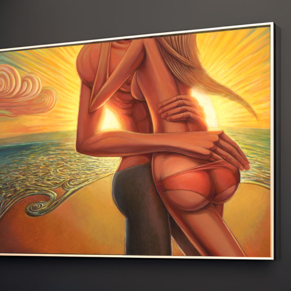 "Beaming with Abundance" - Stylized, contemporary art print by Jay Alders of a beautiful young couple in a romantic embrace on a tropical beach at sunset with the ocean waves and bright warm sun behind them