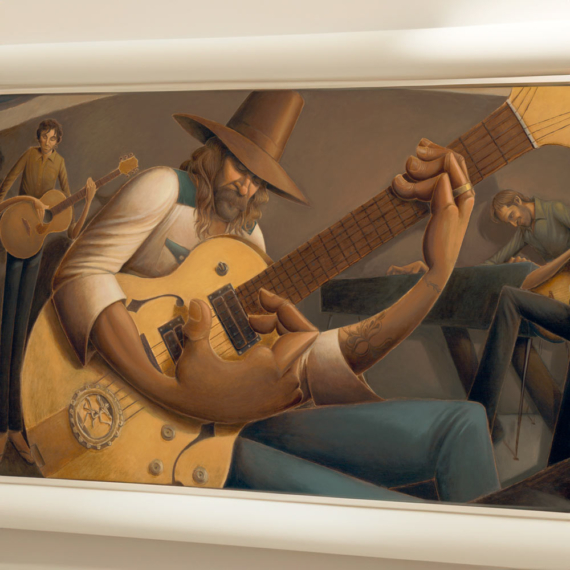 Rio Jam - Elongated figures in a signed art print of musicians and guitarists jamming in a warm earthy color palette.