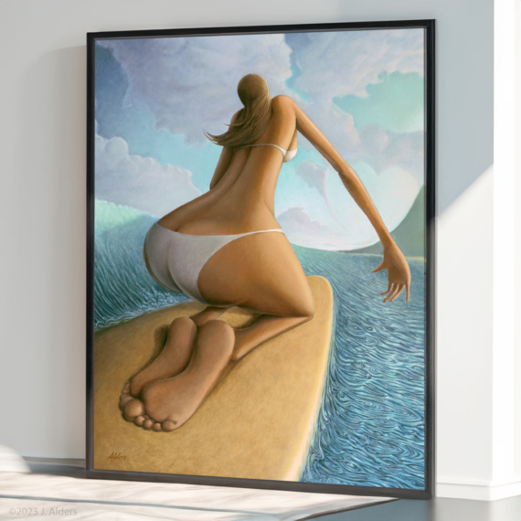 "Second Glance" Art print on canvas and paper of an elongated, stylized surfer girl padding in tropical water by Artist Jay Alders