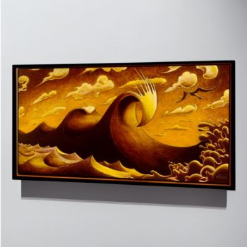 Art giclée print of a sepia toned stylized, contemporary ocean wave set breaking toward the shore. Inspired by Hokusai.