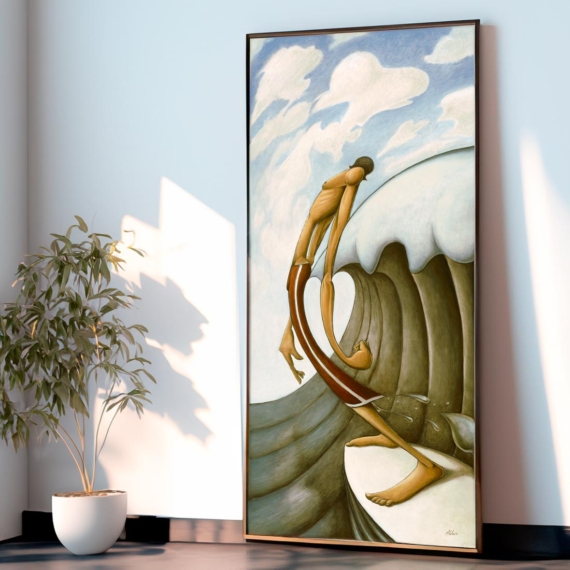 Leaning Towards Love- Modern art print of a surfer with elongated proportions riding a wave pained by artist Jay Alders