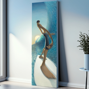 "Left Behind the Wall" - A Dali-esque modern surfer painted by artist Jay Alders with elongated and stretched out proportions as an art print on canvas
