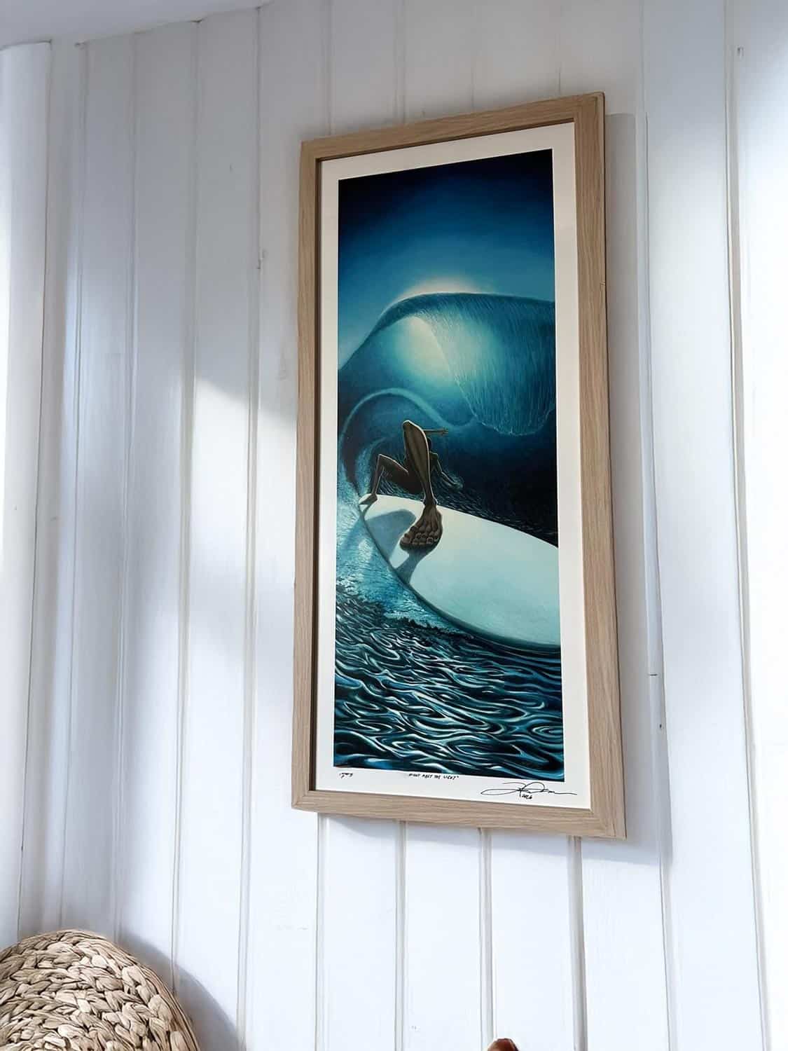 Modern surfer on a huge wave doing a lay back in an old school tyle depicted in this painting by Jersey Shore artist Jay Alders