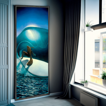 Gallery wrapped canvas giclée and archival fine art paper print of 'Right Past the Light' by Jay Alders, depicting a surfer on a massive blue wave with light effects, in a modern and contemporary style.
