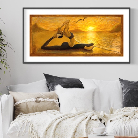 Modern yoga artwork print of a yogini in pigeon pose on the beach at suset in warm yellow tones