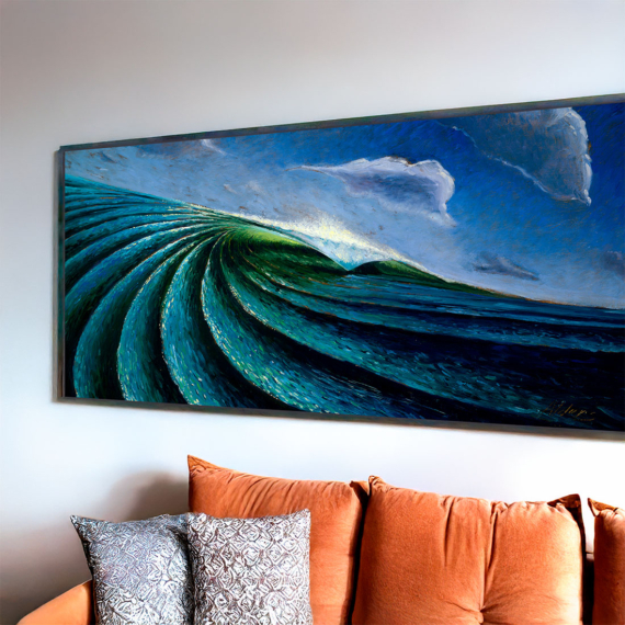 contemporary blue ocean wave art print for beach house interior