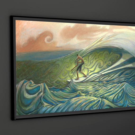 Contemporary surf art print giclée "Home Slice" by Jay Alders in a green and natural color palette of a surfer