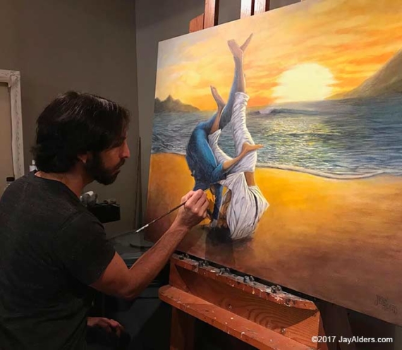 Artist Jay Alders painting Jiu JItsu painting "Beach Sweep"