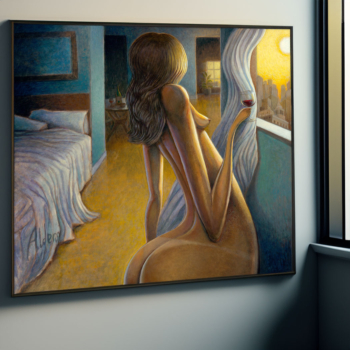Warm Stare - Romantic figurative art print. An artistic nude woman drinking wine posed near a window in her urban bedroom.