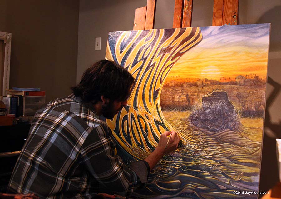 Artist Jay Alders painting Slightly Stoopid Album Art for Everyday Life Everyday People