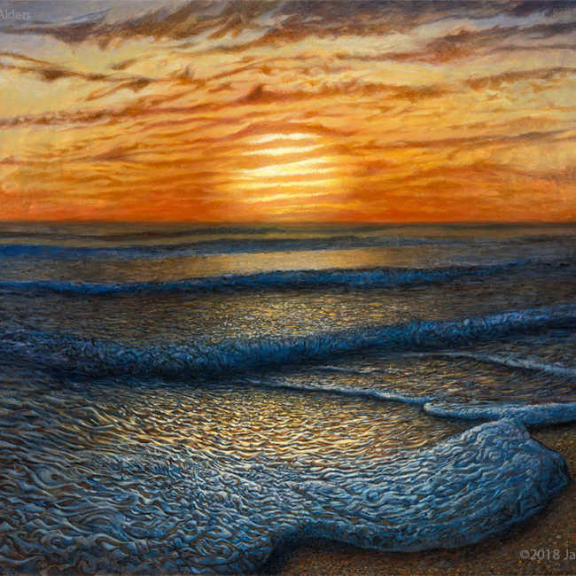 ripple-effect-surf-art-sunrise-web Ripple Effect - sunrise at the beach painting by jay alders