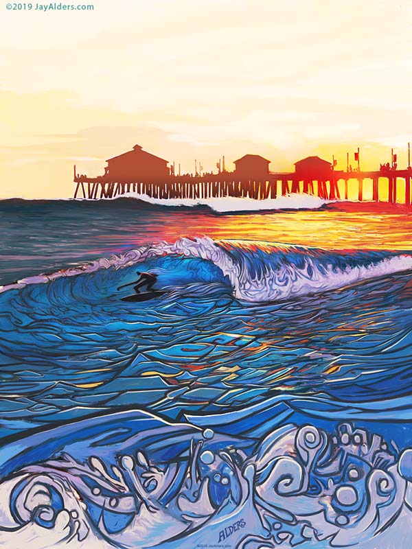 Huntington Beach Pier Surf art at sunset by Jay Alders - for slightly stoopid on the water music festival with 311