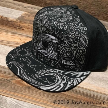 Hand-drawn hat by artist Jay Alders