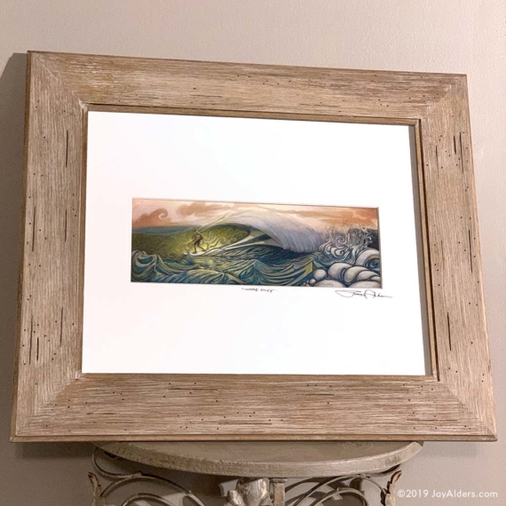 Surfer in a barrel art print by Jay Alders in wooden frame