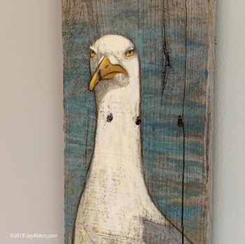 Seagull on the beach painting on driftwood