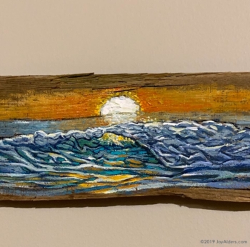 stylized contemporary ocean wave painting on driftwood