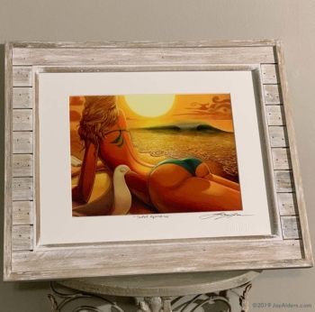 Beach Bikini babe art print by Jay Alders in barn wood Frame