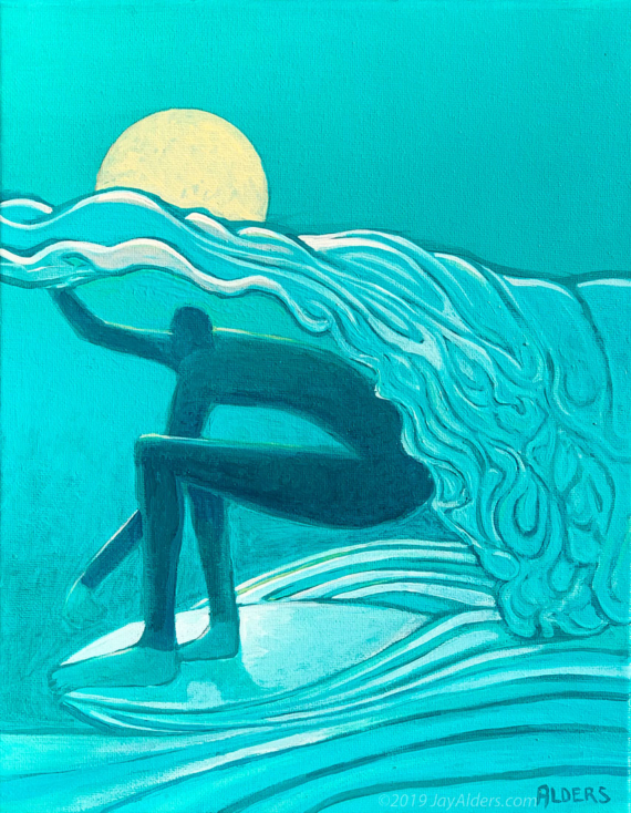 stylized surf painting in teal by Jay Alders
