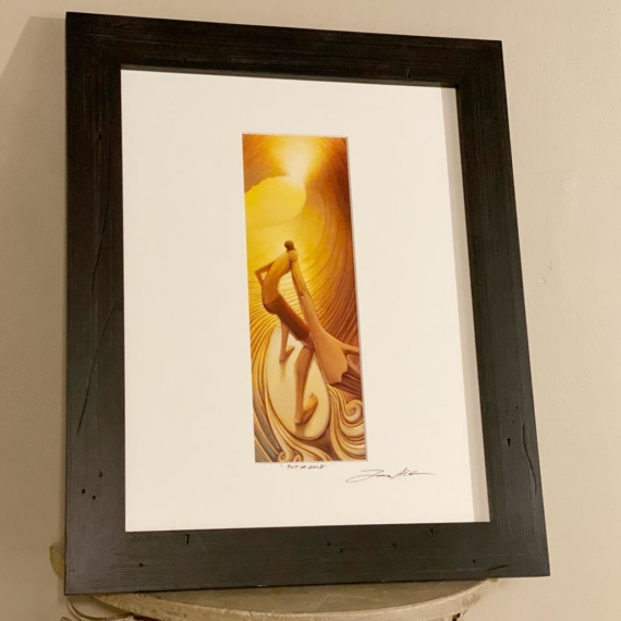Stylized surfer in a yellow wave as a framed art print by Jay Alders