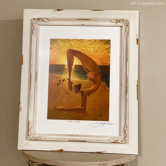 Contemporary yoga art (Scorpion pose) on a sunset beach by Jay Alders