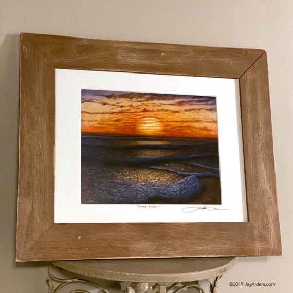 Ripple Effect - Beach Art painting at sunrise or sunset in distressed wooden frame by artist Jay Alders