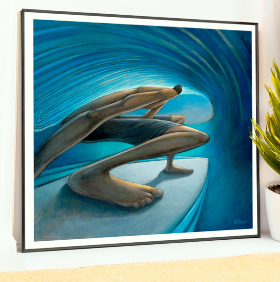 The Down Low - contemporary surfer figurative art print with elongated proportions by Jay Alders