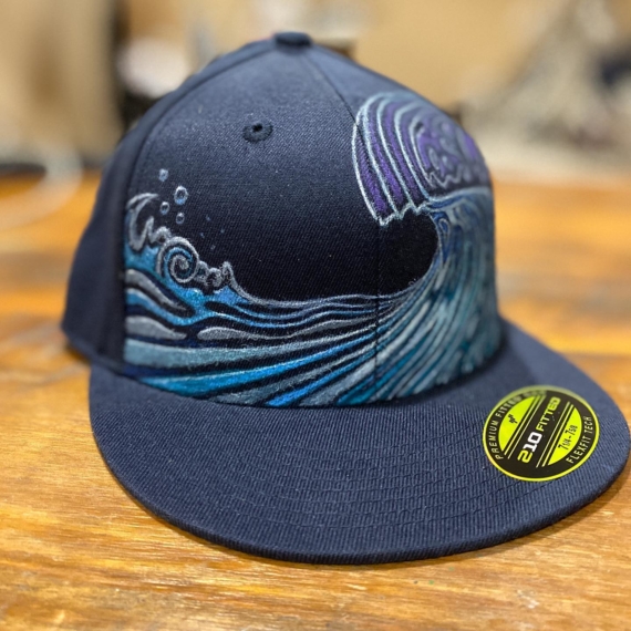 Hand painted fitted flat brim surf themed hat