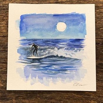 Watercolor surfer under moonlight