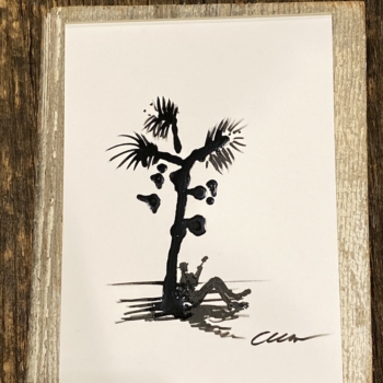Minimalist ink and paint black and white art of guitarist and palm tree