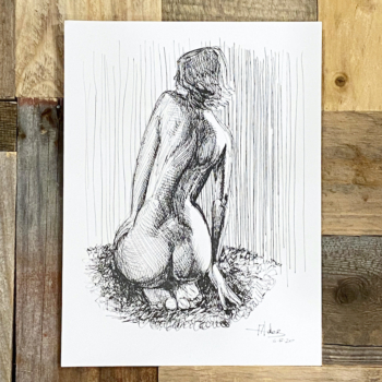 female nude sitting figurative art ink drawing