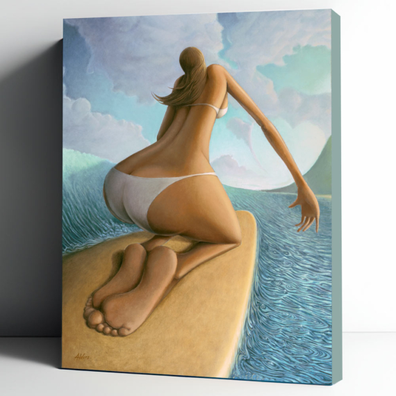 "Second Glance" Art print on giclée canvas an elongated, stylized surfer girl padding in tropical water by Artist Jay Alders